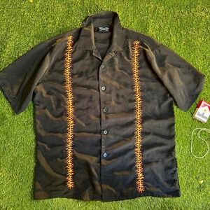 Freedom Reign Shirt Mens Large Black Bowling Camp Flame Embroidered Rockabilly